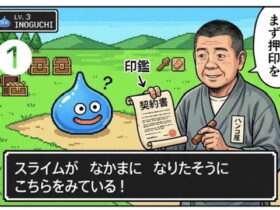 ドラクエ風の世界で、スライムが仲間になりたそうに見つめる中、作務衣姿の印鑑職人が「まず押印を」と契約書を差し出すユーモア漫画。実印作成の大切さを表現した2コマイラスト。