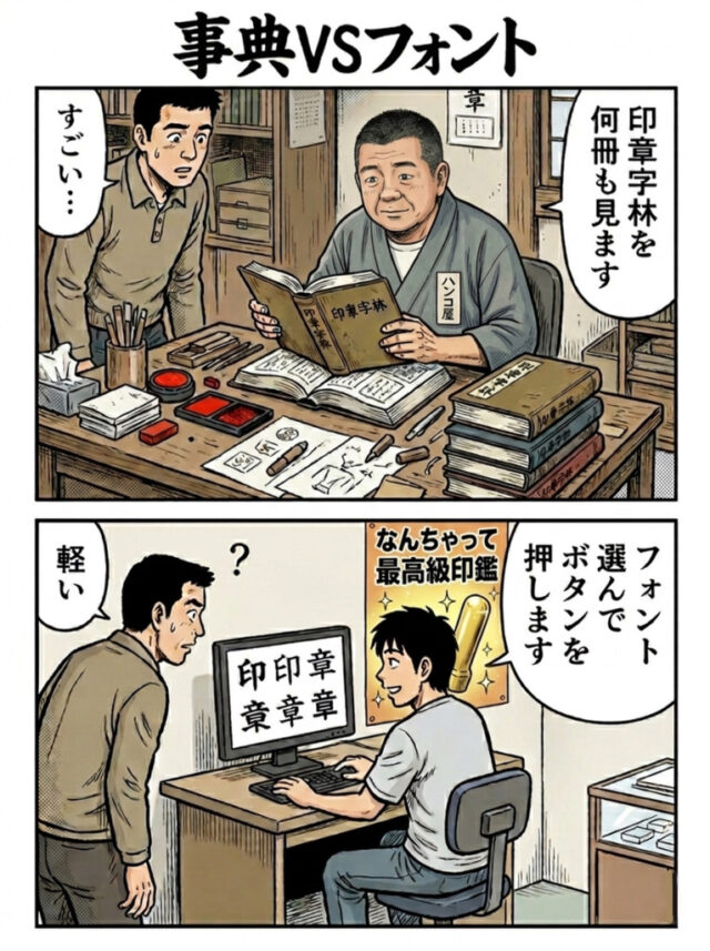 手書き文字の印鑑とフォント印影の違いを、印章字林を開く京印章制作士の姿で表した2コマ漫画