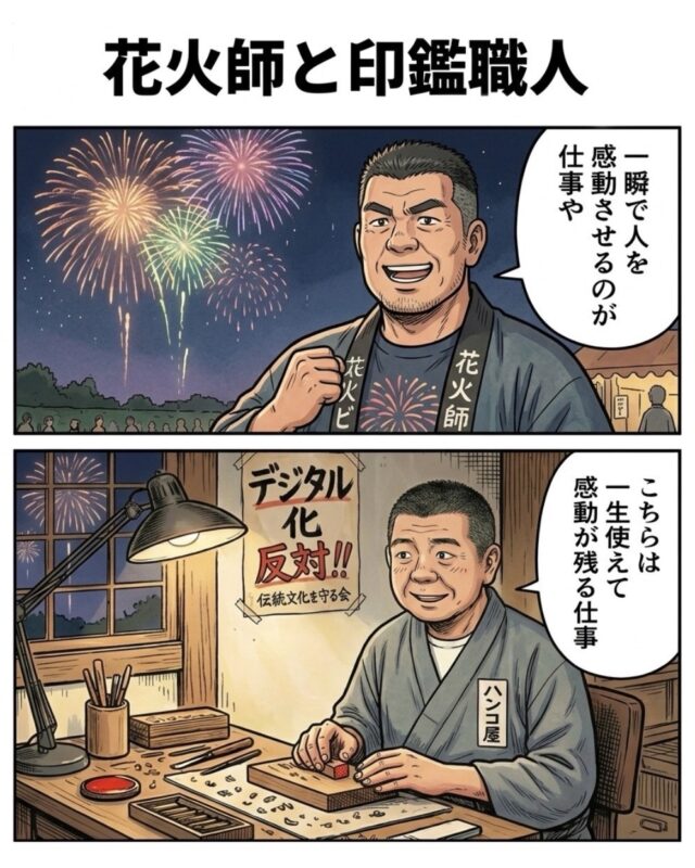 花火大会の夜空を背景に、「一瞬で人を感動させるのが仕事」と語る花火師と、「一生使えて感動が残る仕事」と語る印鑑職人を描いた2コマ漫画。デジタル化が進む時代でも、手仕事の価値を伝える内容。