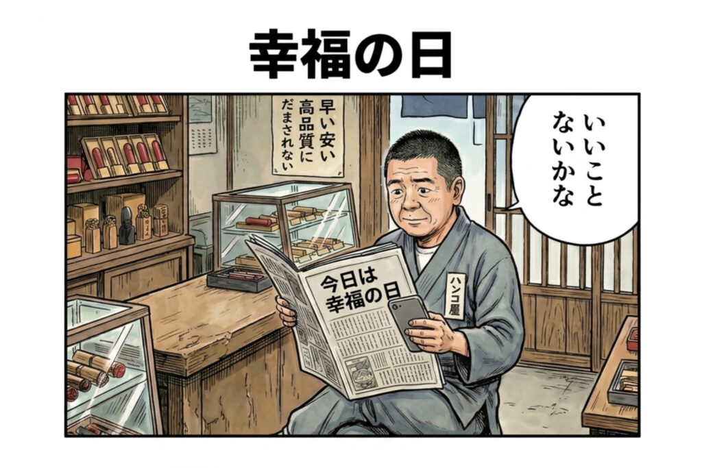 幸福の日の朝、いいことを期待するハンコ屋店長。スマホの通知が大量に届いて喜ぶが、よく見ると外国語の投資スパムばかりで苦笑いする2コマ漫画。