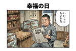 幸福の日の朝、いいことを期待するハンコ屋店長。スマホの通知が大量に届いて喜ぶが、よく見ると外国語の投資スパムばかりで苦笑いする2コマ漫画。