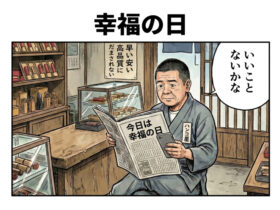 幸福の日の朝、いいことを期待するハンコ屋店長。スマホの通知が大量に届いて喜ぶが、よく見ると外国語の投資スパムばかりで苦笑いする2コマ漫画。