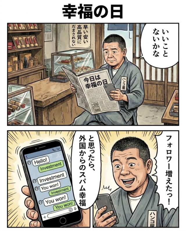 幸福の日の朝、いいことを期待するハンコ屋店長。スマホの通知が大量に届いて喜ぶが、よく見ると外国語の投資スパムばかりで苦笑いする2コマ漫画。