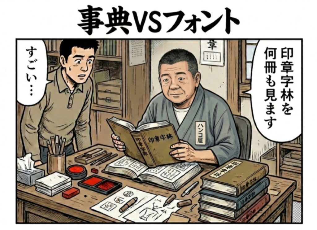 手書き文字の印鑑とフォント印影の違いを、印章字林を開く京印章制作士の姿で表した2コマ漫画