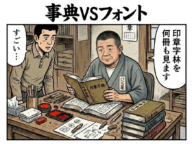 手書き文字の印鑑とフォント印影の違いを、印章字林を開く京印章制作士の姿で表した2コマ漫画