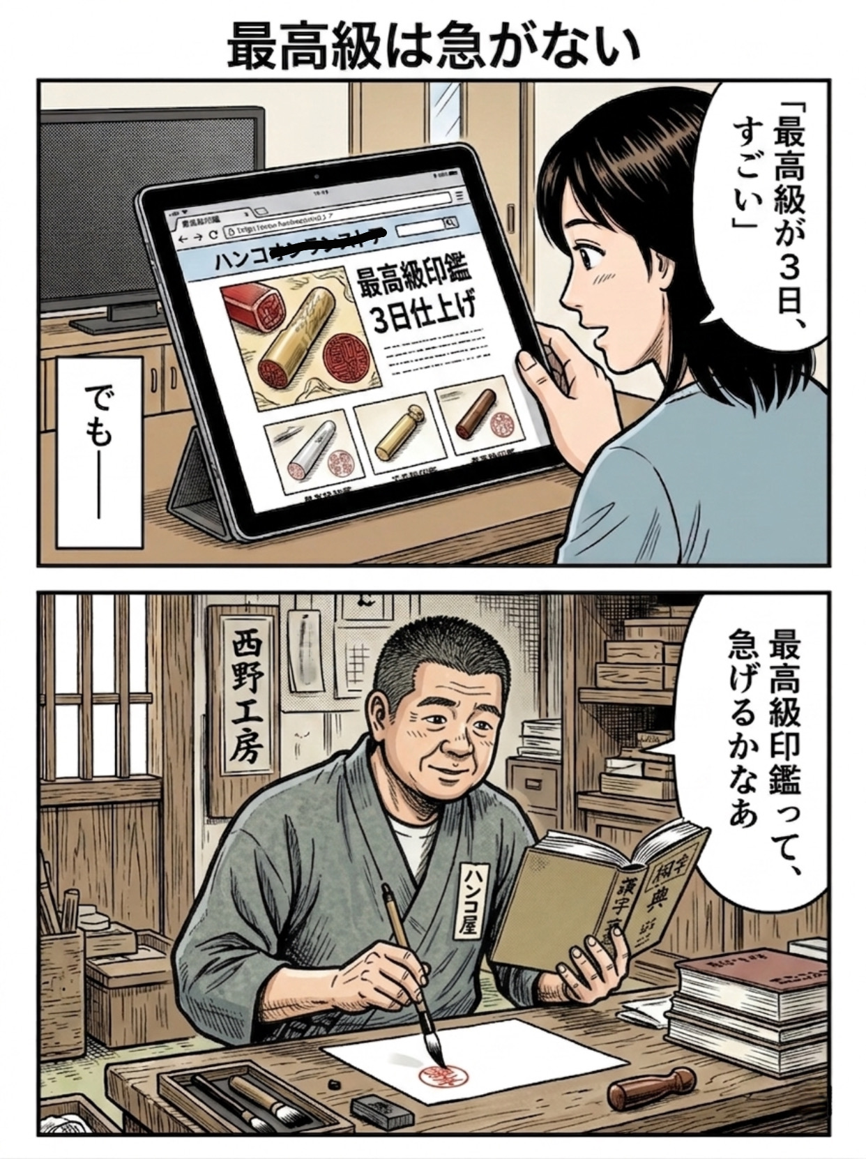 急ぎ仕上げの印鑑と手書き印鑑の品質の違いを表現した漫画