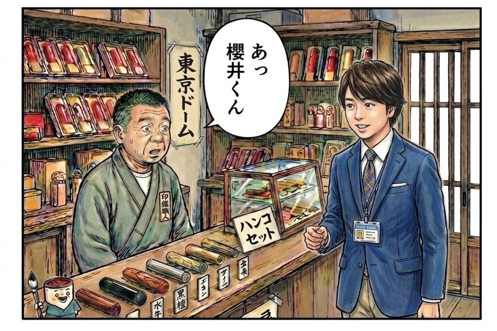 印鑑店の店内で、店主が来店したスーツ姿の男性を見て「あっ 櫻井くん」と驚く2コマ漫画風のイラスト。棚には印材が並び、「東京ドーム」「ハンコセット」などの文字が描かれている。嵐のライブ後の余韻を感じるような場面。
