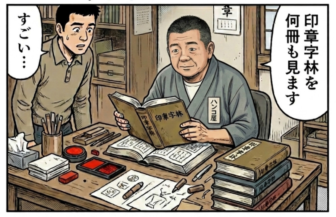 手書き文字印鑑とフォント印鑑の制作方法の違いを説明する漫画