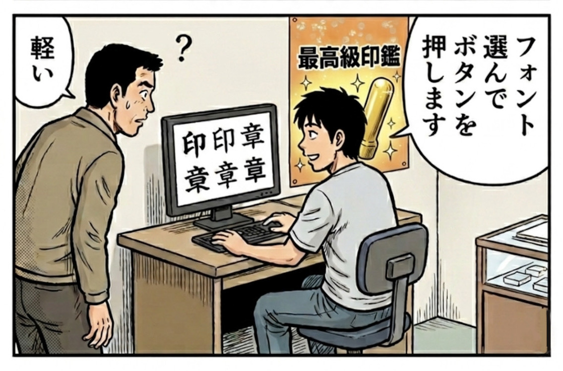 手書き文字印鑑とフォント印鑑の制作方法の違いを説明する漫画
