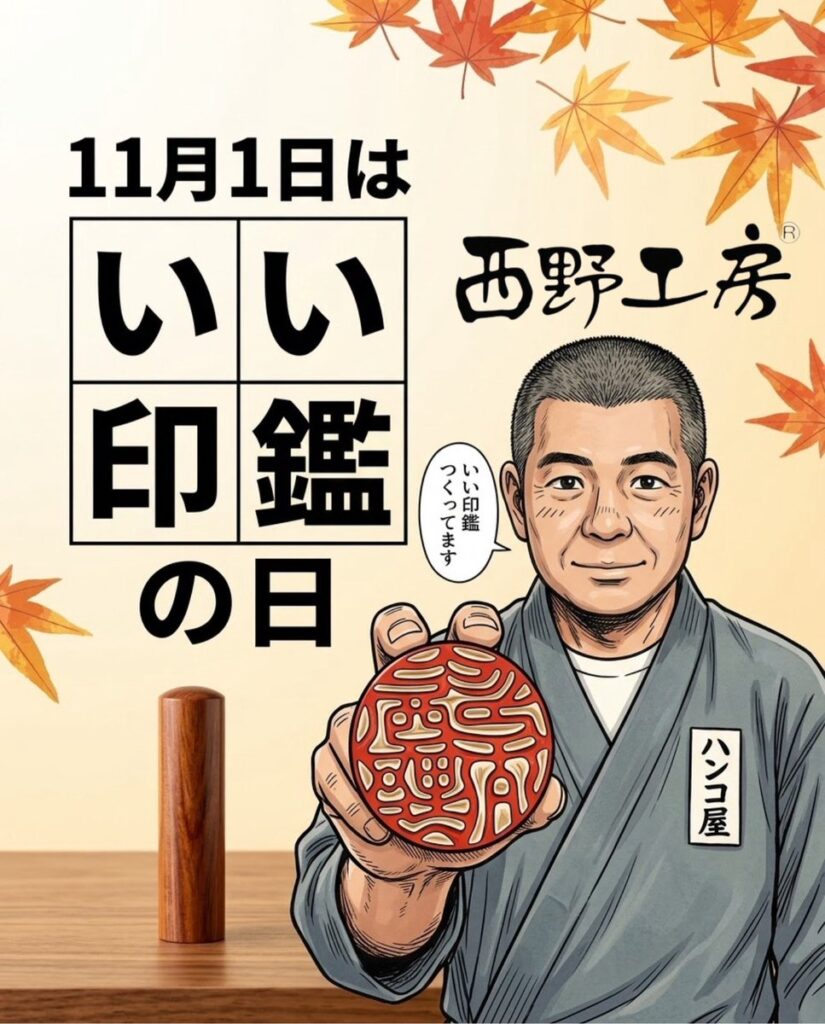11月1日 いい印鑑の日|西野オンライン工房 | 西野オンライン工房 11月1日はいい印鑑の日と伝える、印鑑を手にした西野工房の職人イラスト