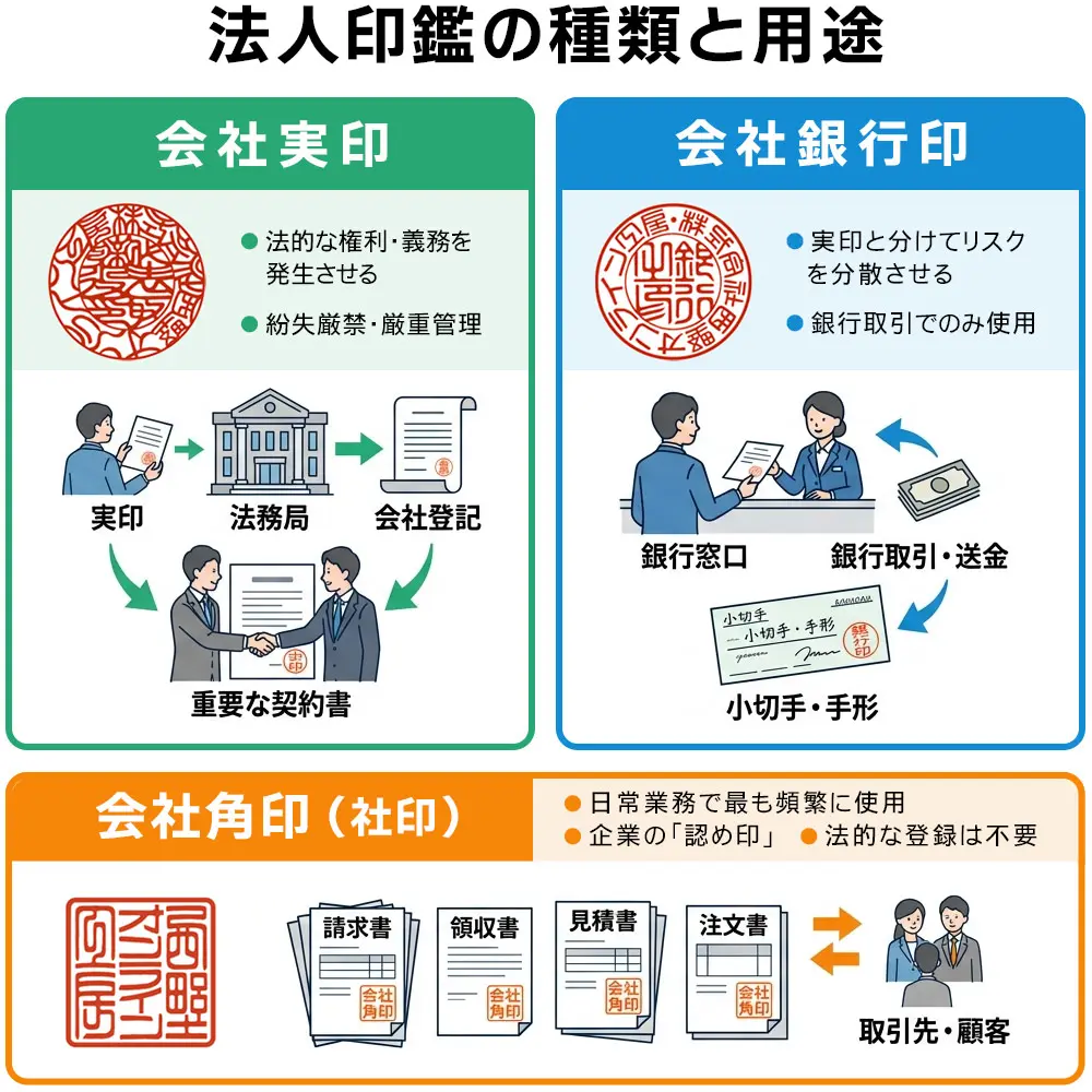 会社実印 会社銀行印 会社角印の違いと用途を比較した法人印鑑ガイド画像