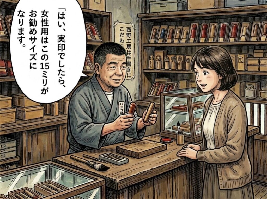 女性用実印・銀行印のおすすめサイズについて、お客様に説明する井ノ口店長