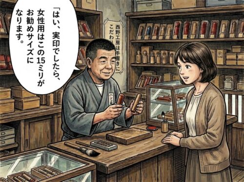 女性用実印・銀行印のおすすめサイズについて、お客様に説明する井ノ口店長
