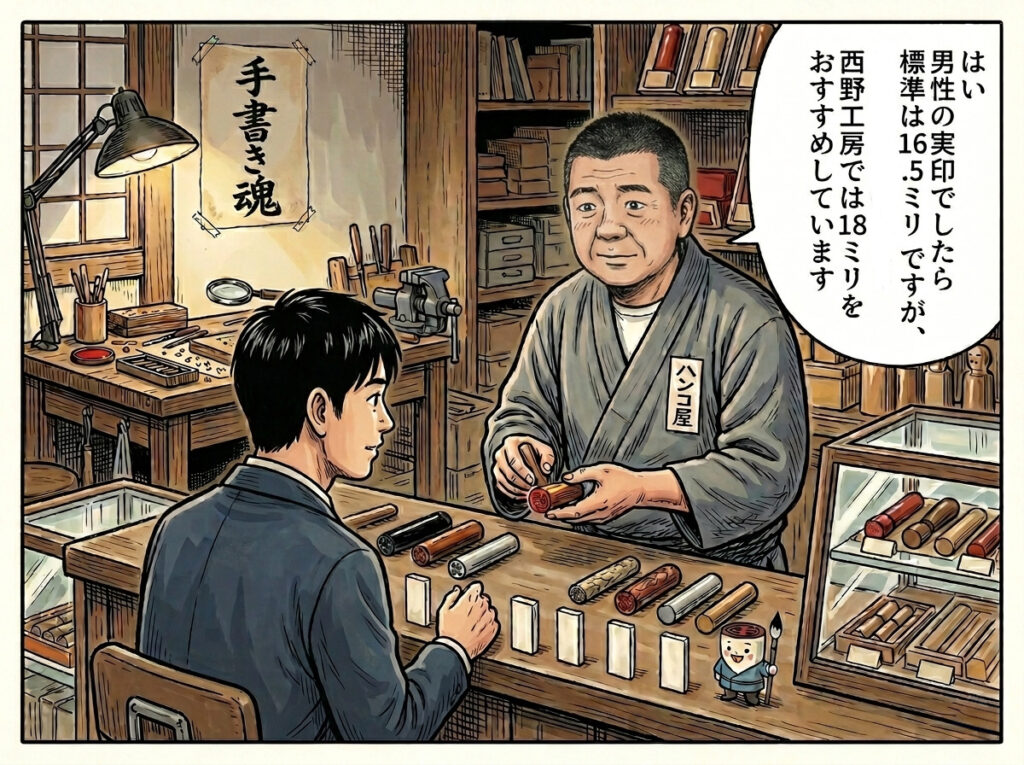 男性用印鑑のおすすめサイズを説明する井ノ口店長。実印や銀行印のサイズ選びを案内している様子