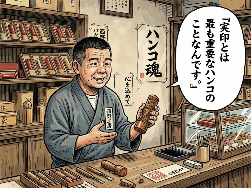 印鑑店の店内で、実印の重要性について説明する井ノ口店長。手に印鑑を持ちながら「実印とは最も重要なハンコのことなんです」と話している様子。
