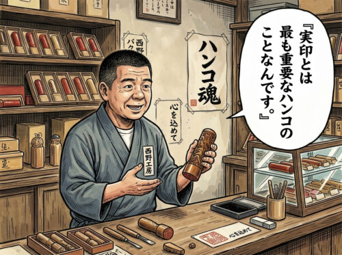 印鑑店の店内で、実印の重要性について説明する井ノ口店長。手に印鑑を持ちながら「実印とは最も重要なハンコのことなんです」と話している様子。